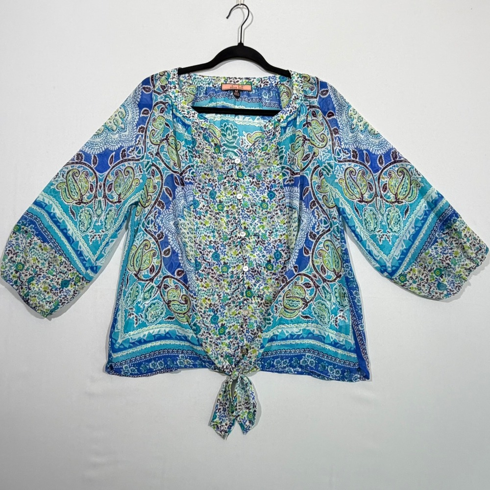 Olive Hill Top M Blue Paisley Floral Chiffon Blouse Boho Coastal